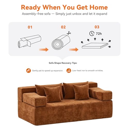 Image of MONVANE 3-Piece Boneless Loveseat Couch Set for Living Room, Oversized Modular Sectional Sofa Set with Removable Armrests, Comfy Chenille Cloud Couch with 12 Pillows, No Assembly Required, Orange