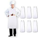 CHEFLUX [6pk] Adjustable Commercial White Restaurant Aprons with 3 Large Pockets [Bulk] Chef Cooking Bib Apron for Kitchen Waitress [Unisex] Men Women [33 x 28 in] BBQ Painting Stylist [39 in tie]
