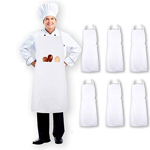 CHEFLUX [6pk] Adjustable Commercial White Restaurant Aprons with 3 Large Pockets [Bulk] Chef Cooking Bib Apron for Kitchen Waitress [Unisex] Men Women [33 x 28 in] BBQ Painting Stylist [39 in tie]