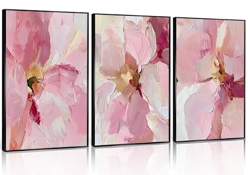 3Pcs Abstract Blush Pink Flower Canvas Wall Art, Textured Thick Paint Modern Floral Bloom Oil Painting Poster Print, Wall Decor Artwork for Bedroom Living Room Dining Room Home Decoration【Unframed】