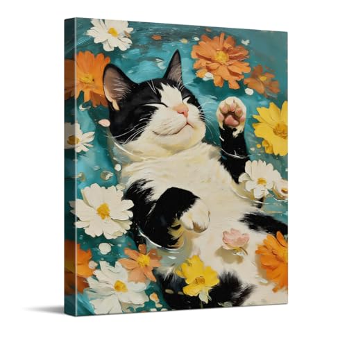 CYFDYVT Tuxedo Cat Floating in Flowers Wall Art Textured Impasto Oil Painting Style Canvas Print Cute Tuxedo Cat with Daisies Artwork Whimsical Animal Poster Wall Decor for Home Bedroom 8x10 inch