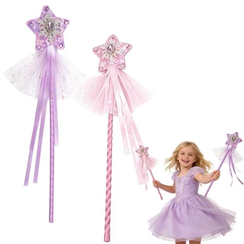 HUSHRICH 2Pcs Fairy Wands Pink Purple Star Fairy Wand for Girls Glitter Angel Princess Wand Sticks with Diamond for Birthday Halloween Christmas Party Supplies
