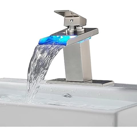 LOOPAN Bathroom Sink Faucet Waterfall Spout LED Light Hydropower 3 Colors Changing Hot and Cold Water Mixer, Single Handle Single Hole Deck Mounted Bathroom Tap Faucet Brass Lead-Free Cover