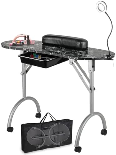 LEIBOU Professional 36''L Portable & Foldable Manicure Table Nail Technician Desk Workstation Manicure Table with Magnifier USB LED Table Lamp,Rolling Wheels,Drawer,Sponge,Free Carrying Bag (Black)