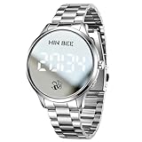 MIN BEE Silver Digital Watch,Stainless Steel Band,40mm Large Face Mirror Dial LED Number,Non-Smart Timepiece,Fashion Wristwatch for Daily/Party,Tool Free Adjustment,Water Resistant 100 feet