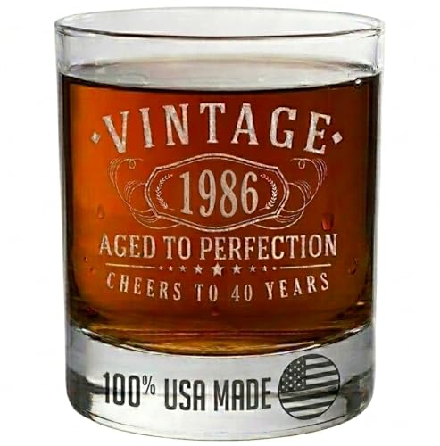 Spotted Dog Company Vintage 1986 Etched Whiskey Glass - 40th Birthday Gifts for Men - Cheers to 40 Years old - 40th Birthday Decorations - Scotch Bourbon Him Dad Women Anniversary Retirement 1.0