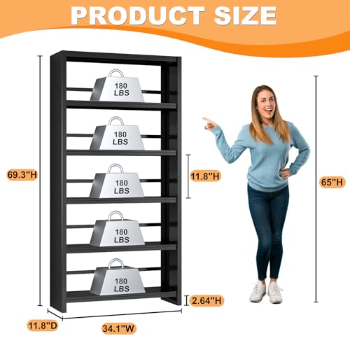 Image of VASAAOSD Metal Book Shelf, 69.3 inch Tall Black Bookshelves, 5 Tier Open Bookshelf, Toolless Assembly Black Shelves for Home Office, Living Room, Study
