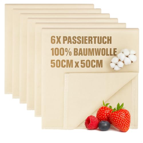 com-four® 6x Bäckerleinen, Seihtuch, Passiertuch, Knödeltuch 50 x 50 cm aus 100% Baumwolle - Gewebte Tücher für Teigzubereitung - Reißfest bei hoher Feuchtigkeit - Seiher, Leinentuch, Käsetuch