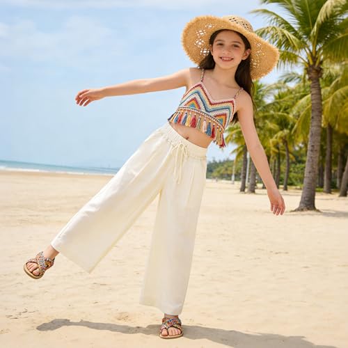Image of Rolanko Girls Wide Leg Linen Pants Breathable Flowy Palazzo Trousers for School Beach Daily Wear 9-15 Years