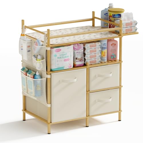 Image of Amazer Baby Changing Table, Bamboo Baby Dresser Table with Flat Top, Diaper Changing Station with 3 Removable Storage Drawers, Large Storage Nursery Organizer Shelves with Pad, Mesh Pocket
