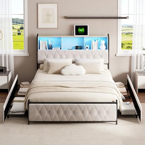 BRILVERDE Letto imbottito 140x200 con Contenitore, Letto matrimoniale con USB e LED, con 4 cassetti, Funzionale con testiera, Struttura letto con rete a doghe, in Velluto (Beige, 140 x 200 cm)