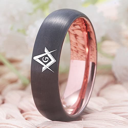 CLOUD DANCER 4mm/6mm/8mm Width Masonic Freemason Ring/Masonic Compass Square Ring - Classic Gunmetal Grey and Rose Gold Tone Men's Tungsten Carbide Ring -Free Customized Engraving2