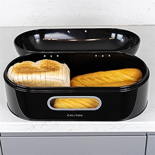 Calitek Retro Bread Bin Storage Box Round Top Kitchen Counter Loaf Pastries Baked Goods Container Coated Carbon Steel (Black)