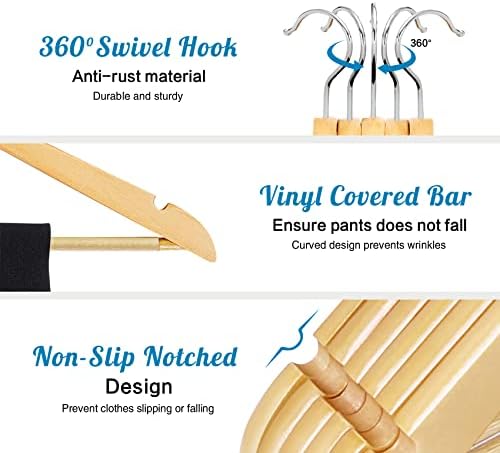 ilauke Pack of 12 Maple Wooden Coat Hangers Clothes Hangers With Trouser Bar and Shoulder Notches 360 Degree Rotating Wood Hanger for Suits, Trousers, Shirts and BlousesWooden