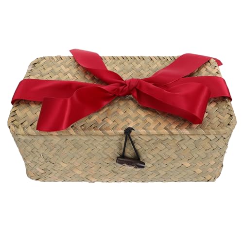 Ipetboom Cesta de Almacenamiento Rectangular de Natural con Tapa y Cinta Decorativa Caja Organizadora Compacta para Hogar Oficina y Dormitorio Diseño Rural y Elegante