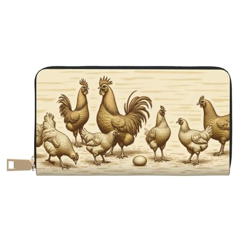 Wallet Women - Vintage Brown Chicken Print Leather Wallet for Women with Zipper, Cute Bifold Long Ladies Wallets