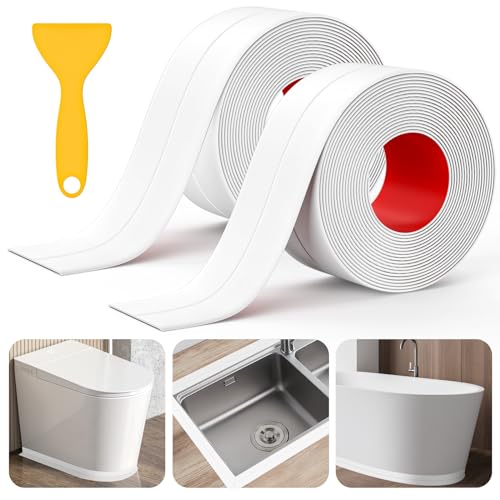 Digtokore Bath Sealant Strip 2 Rolls Waterproof Caulk Strip White Sealant Tape for Bathroom Kitchen Bathtub Toilet Wall Floor with Sealing Tool