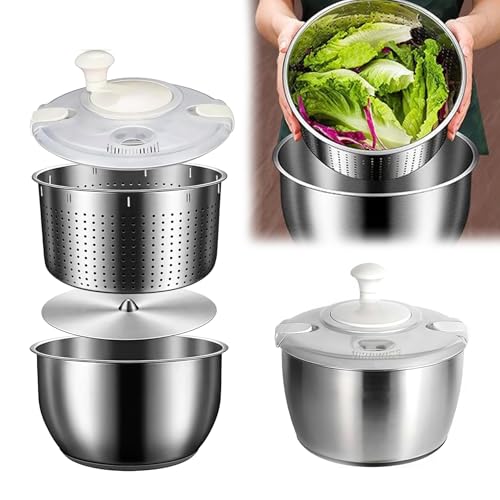 zhongbe Centrifugadora Ensalada Acero Inoxidable, centrifugadora de Ensalada Grande, centrifugadora de Verduras, Lavadora de Frutas, para deshidratar Lechuga, Frutas y Verduras, Pasta y Papas Fritas