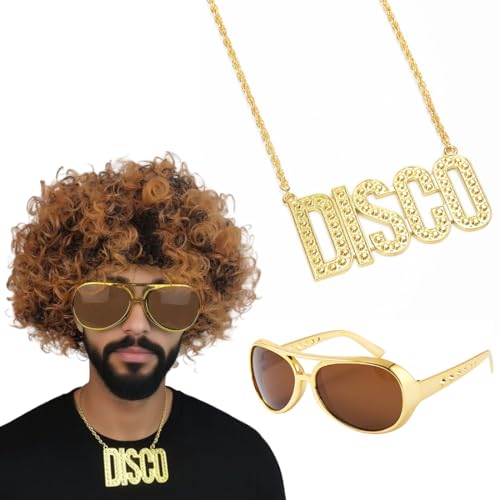 JYNVO Disfarce Anos 80 homem: Colares e óculos de sol, presente para 70 anos, acessórios de disfarce hippie, cor dourada