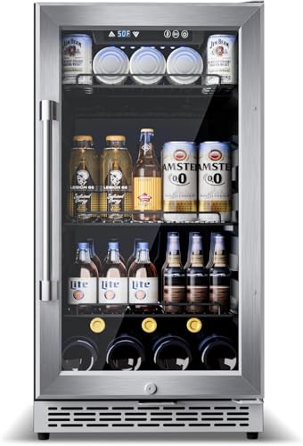 Minorfun 18-inch under-counter beverage refrigerator – 140-Can & 20-Bottle Capacity, Dual-Zone Built-In Beverage Cooler with Glass Door and Quiet Advanced Cooling System