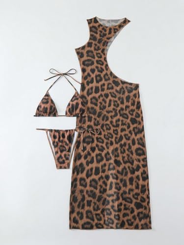 Women's 3 Piece Leopard Print Halter Tie Bikini Triangle Set with Beach Cover Up Dress High Cut Swimsuit Bathing Suit4