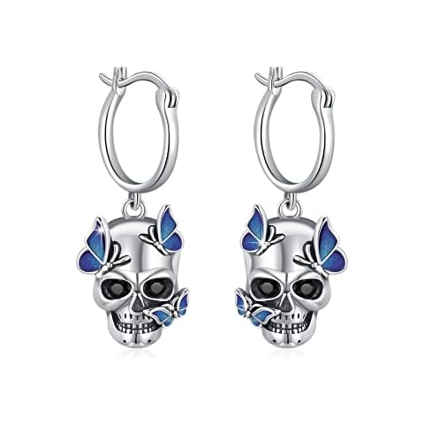 Skull Earrings for Men Women,925 Sterling Silver Huggie Hoop Skull Earrings Butterfly Earrings Gothic Punk Skeleton Studs For Women Jewellery Valentines Day Christening Gifts Cover