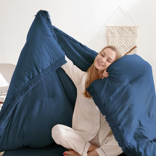 Image of Andency Navy Blue Comforter Set Full Size, 3 Pieces Boho Tassel Lightweight Bedding Comforter Sets, All Season Soft Fluffy Fringe Bed Set (79x90In Comforter & 2 Pillowcases)