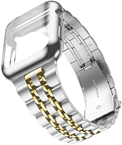 Wolait Compatible with Apple Watch Band 45mm with Case,Upgraded Stainless Steel Metal Business Band with Screen Protector for iWatch Series 8/7/SE Series 6/5/4/3/2/1,Silver/Gold Band + Silver Case