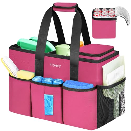 Ytonet Cleaning Caddy Bag, Large Cleaning Supplies Organizer with Handle & Foldable Divider for Cleaners, Water Resistant Housekeeping Supplies for Kitchen, Car Tool Caddy Organizer Bag, Rosered