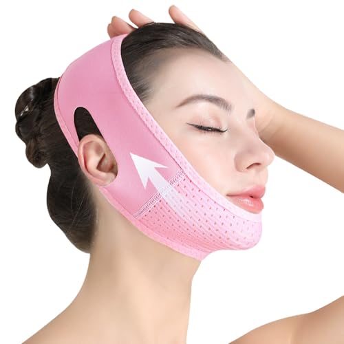 Mascarilla V Facial Reutilizable,Reductor de Papada Lifting,Banda Reafirmante Facial Transpirable para Afinar el Rostro,Cinturón Lifting para Mandíbula y Mejillas Caídas,Pink