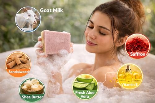 Image of Sandalwood Saffron Goat Milk Soap Bar with Natural Ingredients, Handmade Herbal Bath Soap for Skin Brightening, Moisturizing, and Acne-Prone Skin, 100g, Pack of 2