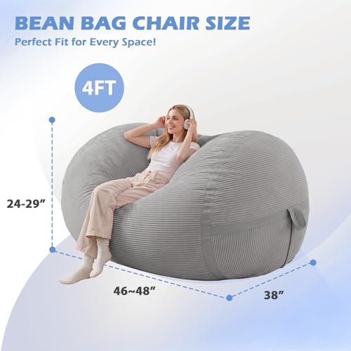 Image of 4FT Bean Bag Chair 4'Big Bean Bag Chairs with Adults, Large Beanbag Chair | Bean bag Lounger with Machine Washable Cover Corduroy Fabric, Comfy Chairs for Living Room Bedroom Dorm, Lightgrey