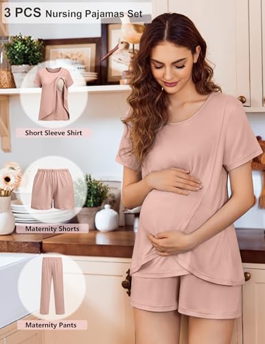 Ekouaer 3 PCS Maternity Nursing Pajamas Set Postpartum Breastfeeding Short Sleeve Shirts, Pregnancy Shorts & Pants Pjs Pink XXL — view 5