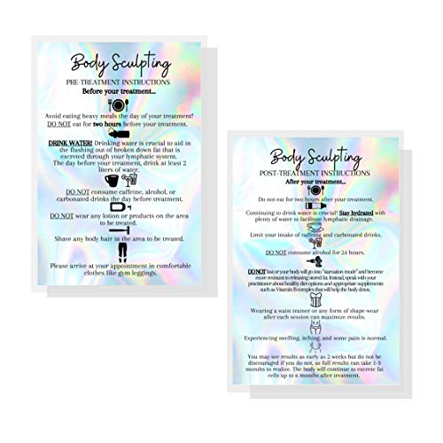 Body Sculpting Pre And Post Treatment Information Cards | 30 Pack | 4X6” Inch Large Postcard Size | Holographic Look Design #TOP2