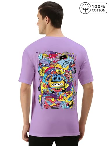 Image of Veirdo Oversized Baggy Fit Pure Cotton Drop Shoulder Half Sleeve & Aesthetic Black & Lilac Back Doodle & Tiger Graphic Printed Round Neck T-Shirt for Men