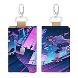 Leather Key Holder Cyber Skateboard Boy Coin Purse Zipper Key Organizer Wallet with 6 Hooks for Keys Cash And Cards - Gift for Men And Women