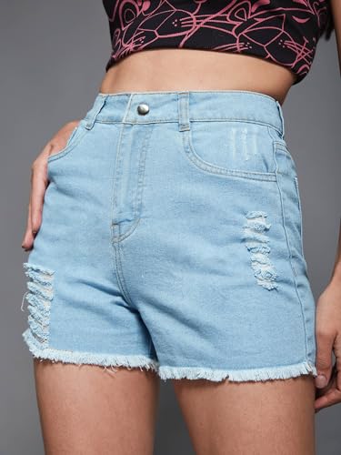 Image of Miss Chase Women's Relaxed Mid Rise Regular Non Stretchable Denim Shorts