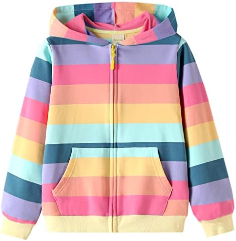 Julerwoo Girls Colorful Zip Up Sweatshirts Hoodie Pink Stripes Outfit (9-10Y, Color)