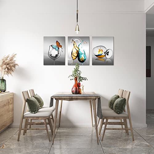 Lyerartork 3 Pieces Kitchen Canvas Wall Art Wine Glass With Butterfly Sailboat Picture Print On Gray Background Painting Modern Restaurant Dining Room Artwork Wall Decor Framed 12X16Inchx3Pcs #TOP1