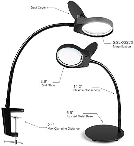 TOMSOO Dimmable Magnifying Glass Desk Lamp - 2 in 1 Bright Lighted Magnifier with Stand & Clamp - Adjustable Gooseneck LED Light for Reading, Craft, Hobby, Sewing, Painting, Puzzle, Close Work, 2.25X