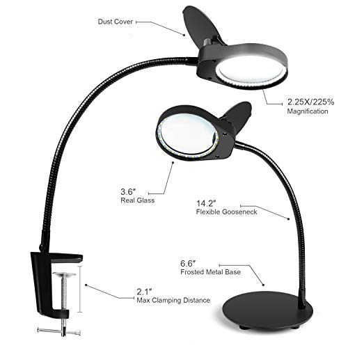 TOMSOO Dimmable Magnifying Glass Desk Lamp - 2 in 1 Bright Lighted Magnifier with Stand & Clamp - Adjustable Gooseneck LED Light for Reading, Craft, Hobby, Sewing, Painting, Puzzle, Close Work, 2.25X