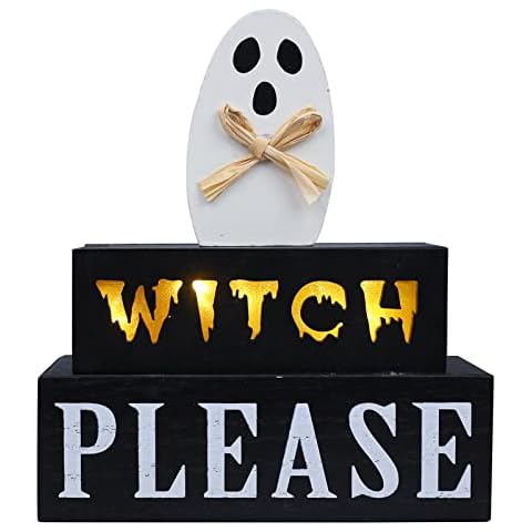 Halloween Decorations Indoor, DECSPAS 3-Layered Ghost Block Halloween Decor, LED Halloween Lights WITCH PLEASE Sign Hocus Pocus Decorations for Home, Gothic Decor for Halloween Party Decorations Cover