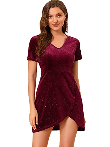 Allegra K Women s Velvet V-Neck Short Sleeve Sparkle Glitter Shiny Party Mini Dress Small Burgundy
