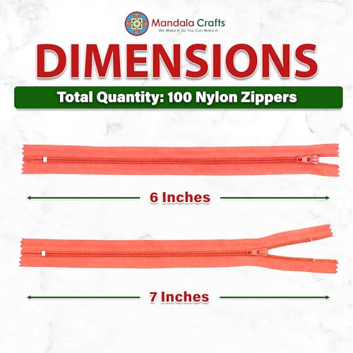 Image of Mandala Crafts 100 PCs Coral Closed-End 6 Inches Nylon Zippers for Sewing | Colorful, Bulk Sewing Supplies, For Tailor Clothing Fabric Leather, Washable, Indoor & Outdoor, Pouches, Cosmetic Bags