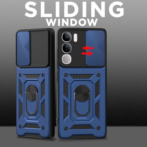 Image of Pikkme Back Cover for Vivo Y300 5G / Vivo V40 Lite 5G | D10 Tough Armor | 360 Protection Case | Sliding Camera Shield Cover & Ring Holder Stand Bumper Case (Blue)