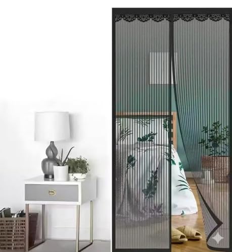Image of Mosquito Net for Door Polyester Magnetic Curtain Auto Closing Insect Screen for All Door Types & Sizes with Self Adhesive Hook Tape (210 * 100cms, Black)