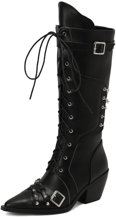 KOKOMOMO Punk Knee High Boots for Women Chunky Heels Motorcycle Knight Boots Pointy Toe Fashion Metal Chain Buckles Biker Boots