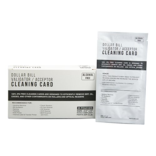 Bill Validator Acceptor MICR Reader Cleaning Cards - 2.5x6 Alcohol Free 25 Cards