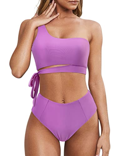 MOOSLOVER Women One Shoulder High Waisted Bikini Tie High Cut Two Piece Swimsuits(M,Purple)