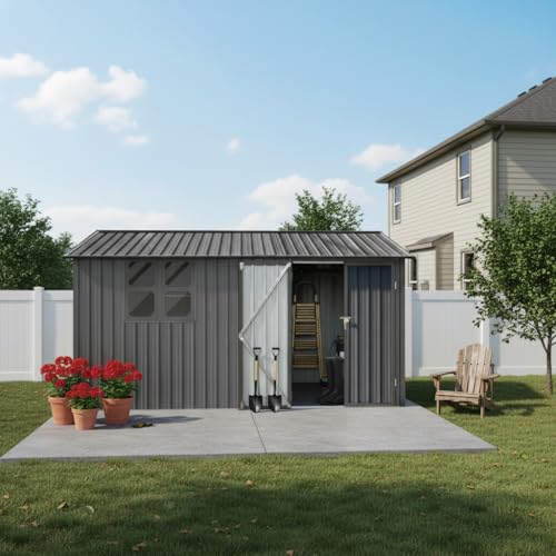 Cobertizo de jardín de metal de 362 x 285,5 cm (10,34 m²), resistente a la intemperie, con puerta, cerradura y ventana, cobertizo de almacenamiento exterior para jardín y terraza